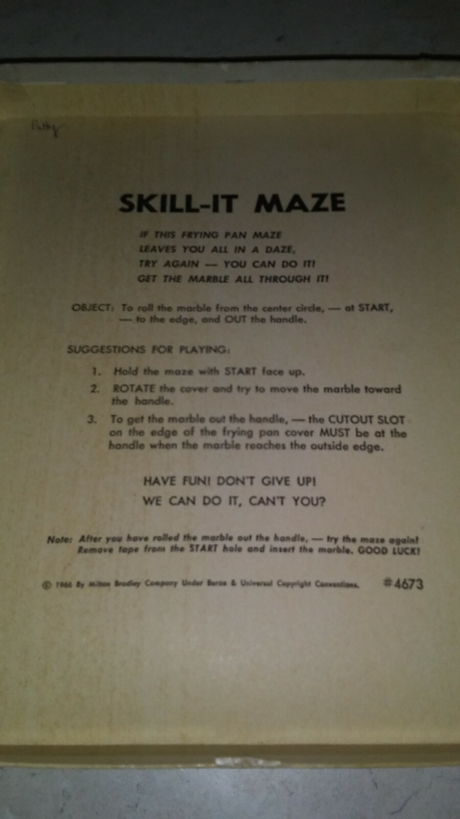 Vintage 1966 Milton Bradley SKILL-IT Frying Pan Maze Game, Original Box & Marble