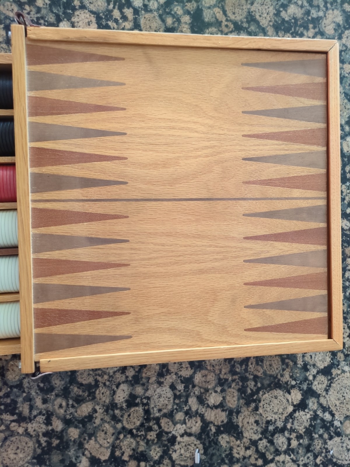 Wood Flip Game Board Set, Checkers, Backgammon, Dice, Poker Chips Cards Dice