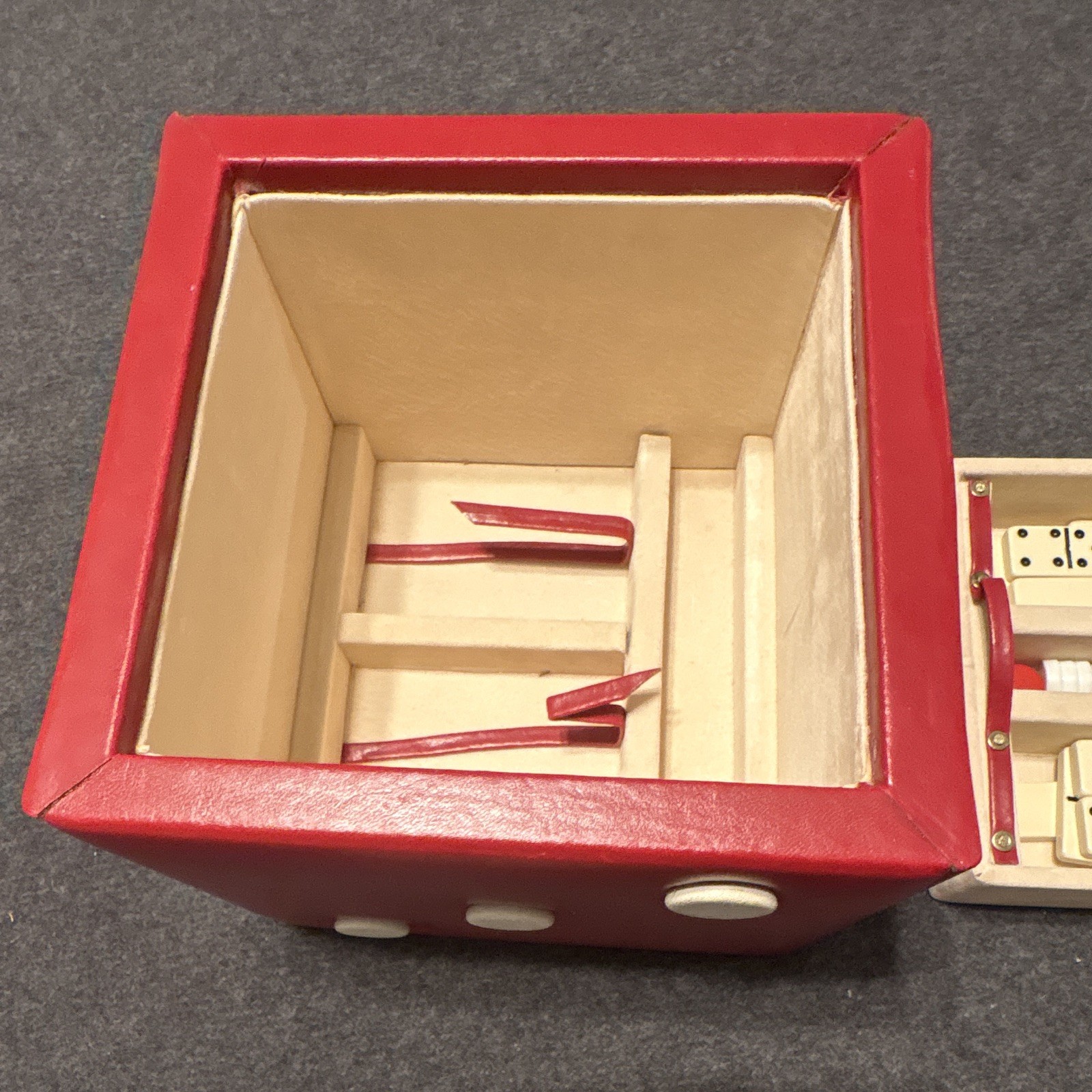 Red Dice-Shaped Travel Game Set w Board, Dominoes, Poker Chips, Cards & Dice