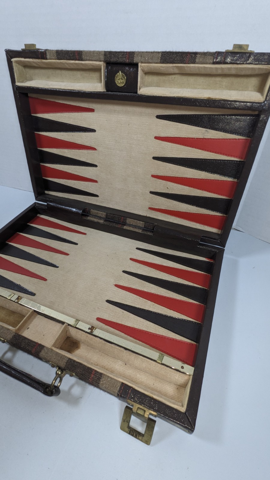 Vintage Aries Of Beverly Hills Backgammon Set Brown And Red Plaid COMPLETE