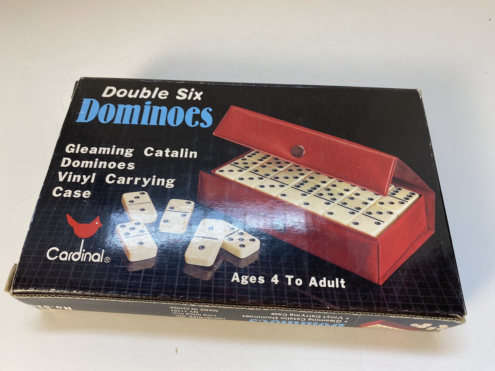 Dominoes Cardinal 28 Ivory White Pieces w/ Red Vinyl Case, instructions, box~Vtg