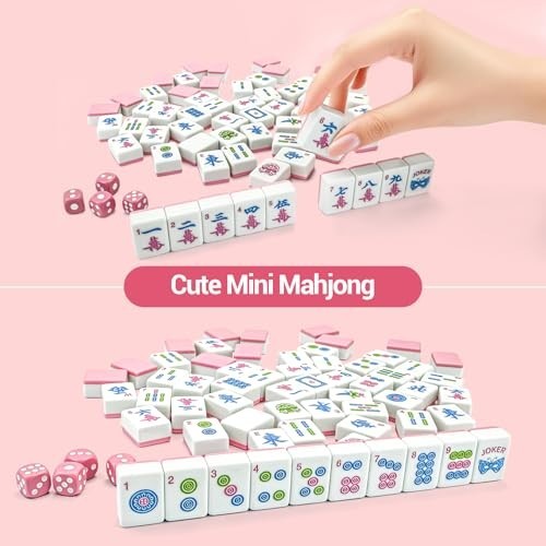 Complete Mahjong Tile Set – 166 Pink Mini Tiles (1.2”), Carrying Bag & Accessori
