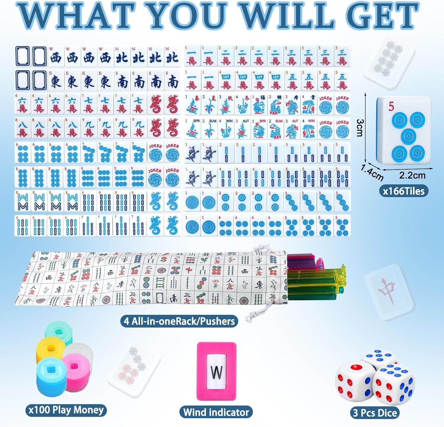 American Mahjong Tile Set, 166 Blue Tiles, 4 All-In-One Rack/Pushers, Complete W