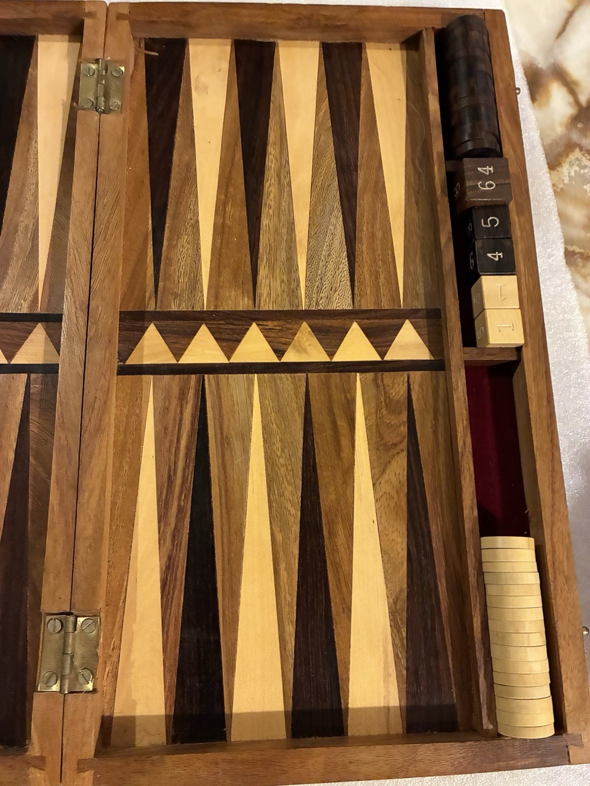 Wooden Inlaid Backgammon Set Travel Size, 12” X 7” Case