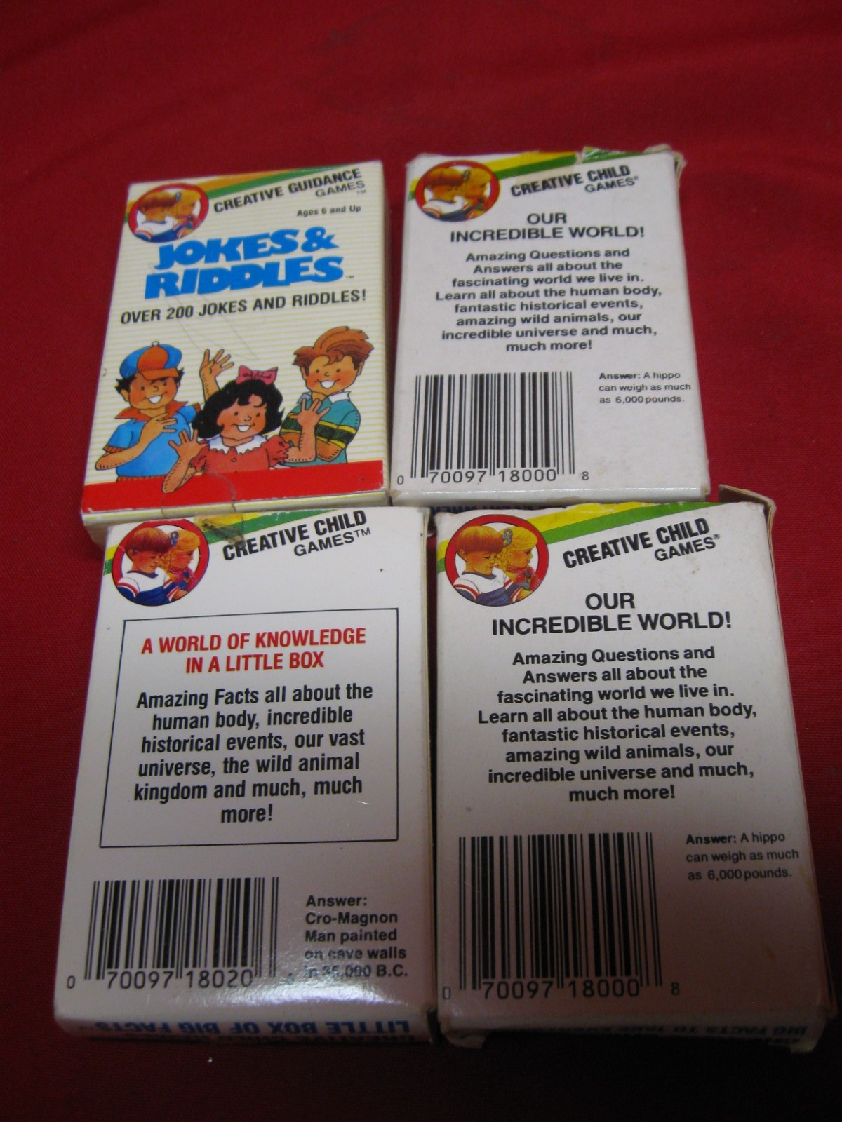 CREATIVE CHILD GAMES BIG FACTS JOKES AND RIDDLES CARD GAMES. – LOT OF 4 BOXES