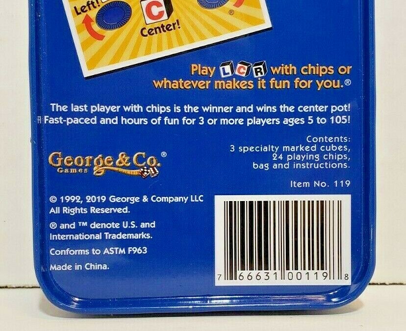 LCR Left Center Right Dice Game – BLUE TIN – The Original George & Co **NEW**