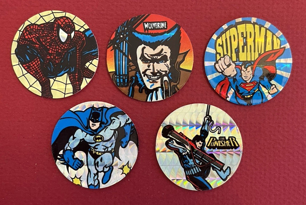 Vintage 1990’s Lot Of 5 DC/Marvel Comics Pogs /Milk Caps Superman/Batman New