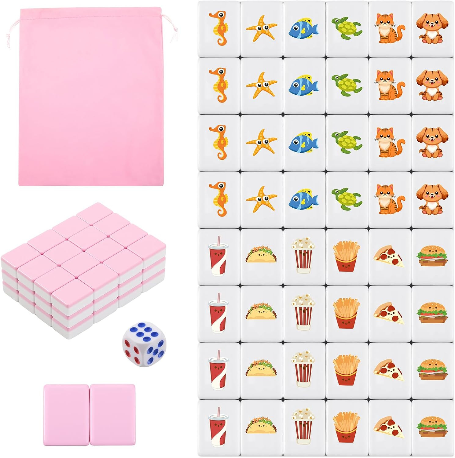 Pink 2 Player Mahjong Block Set, 50 Pcs of Mahjong Tile Game with 12 Different P