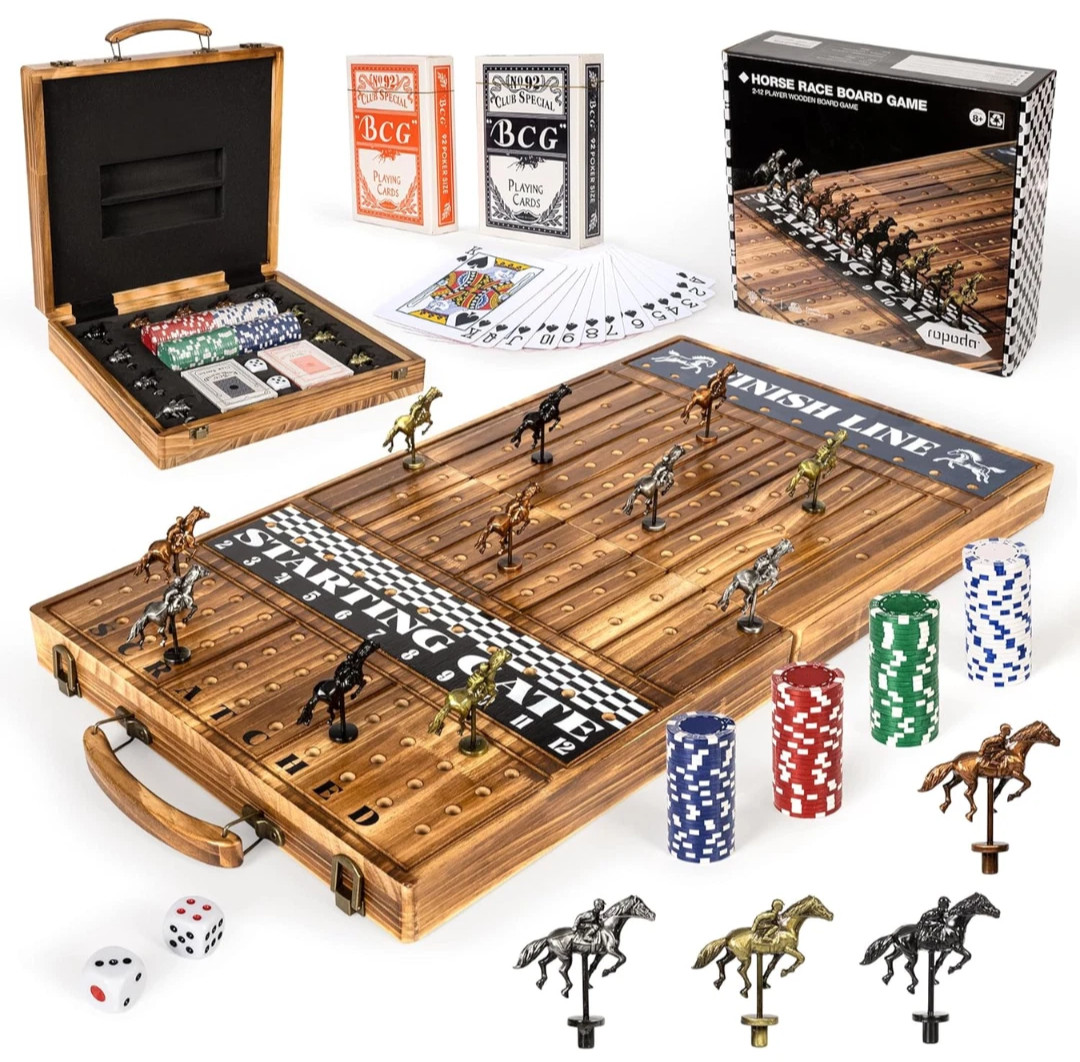 23in Wooden Horse Racing Board Game Foldable Tabletop Set Chips Dice