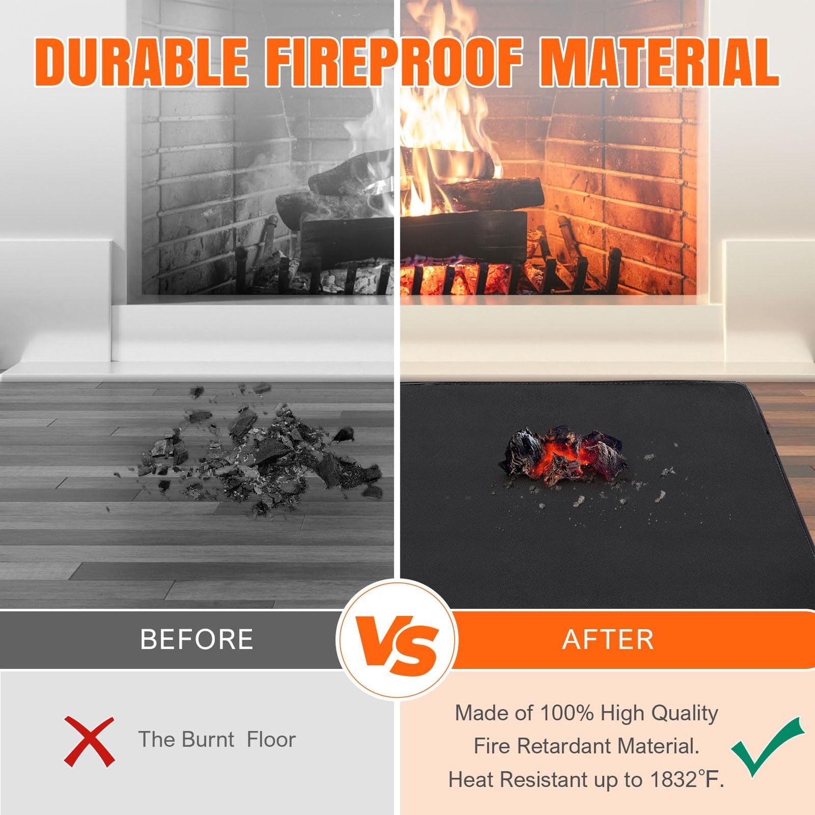Fireplace Rugs Fire Resistant – 28 X 48 X 0.04 Inch 2’4″ x 4′ (Square), Black