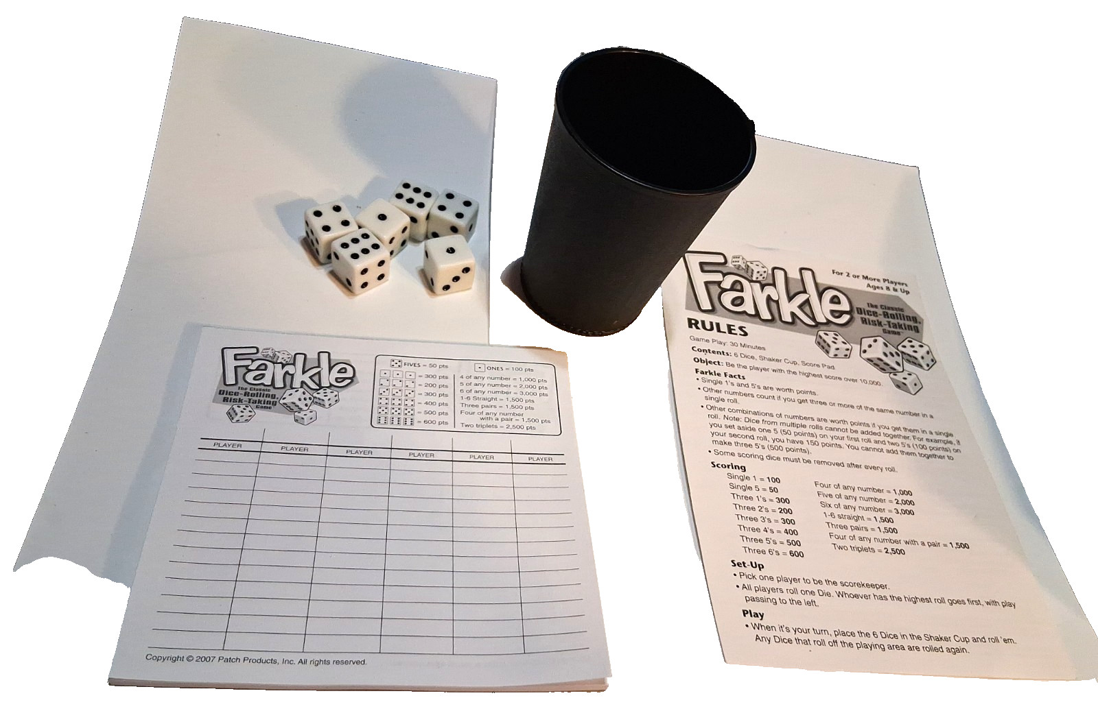 Farkel Game by Patch Complete Boxed Game 6 Dice Cup Score Sheets Instructions