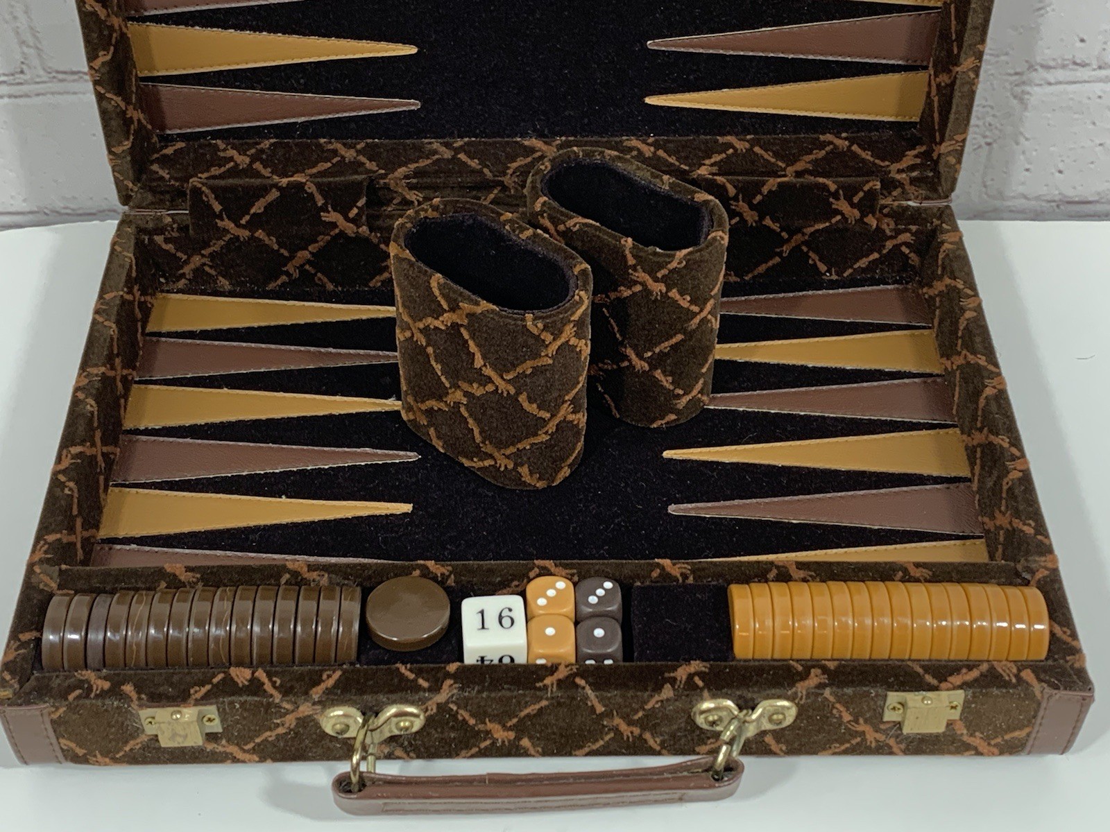 VTG Aries Of Beverly Hills Rare Longchamp Brown Velvet Travel Backgammon Set