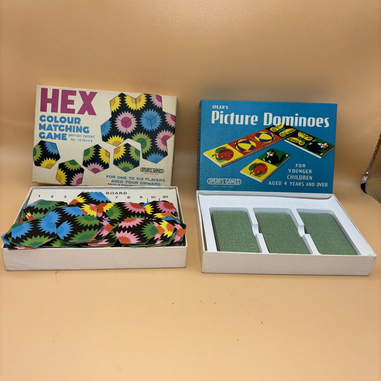 Lot Of 2 Spear’s Games Picture Dominoes & HEX Colour Matching Vtg 1960-1970 MINT
