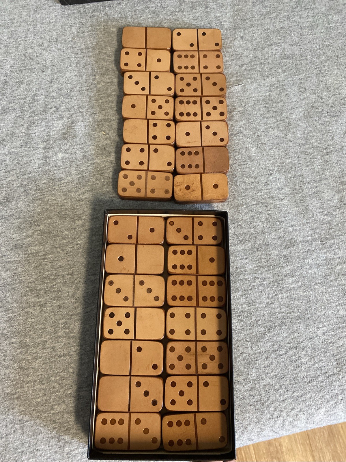 Nice In box Leather And Wood Deer Antler Dominoes-Rare