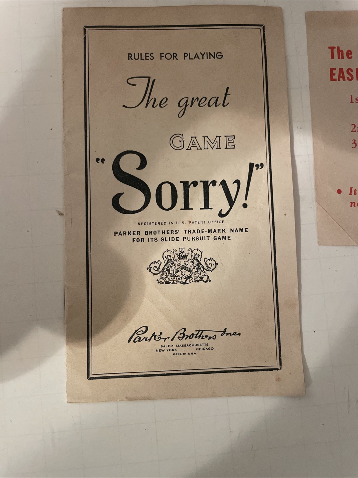 Vintage 1950 Sorry! Board Game Wooden Pieces, Wood Pawns, Cards, Instructions