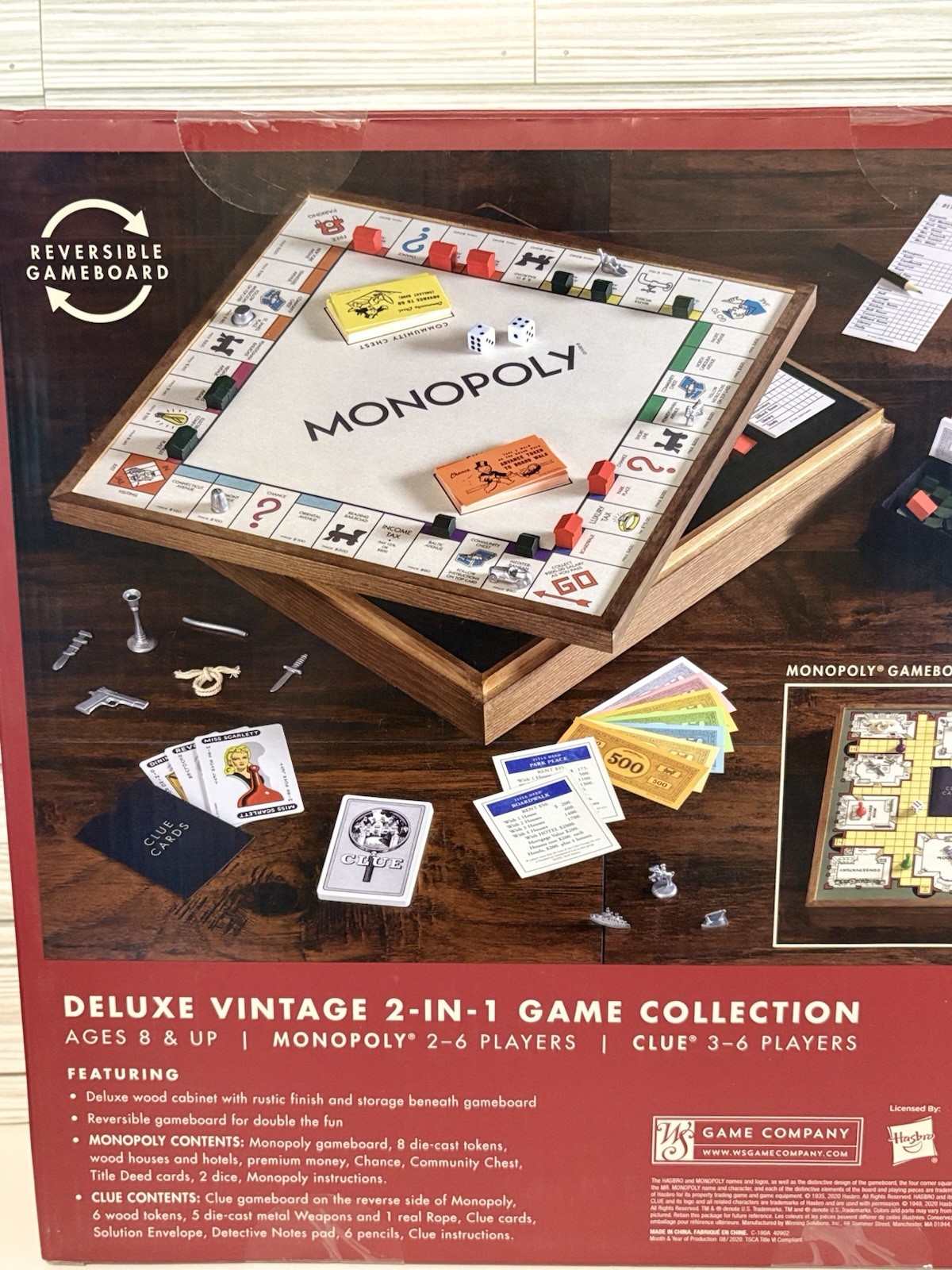 Monopoly & Clue Deluxe Vintage 2-in-1 Game Collection Wood Reversible Board New