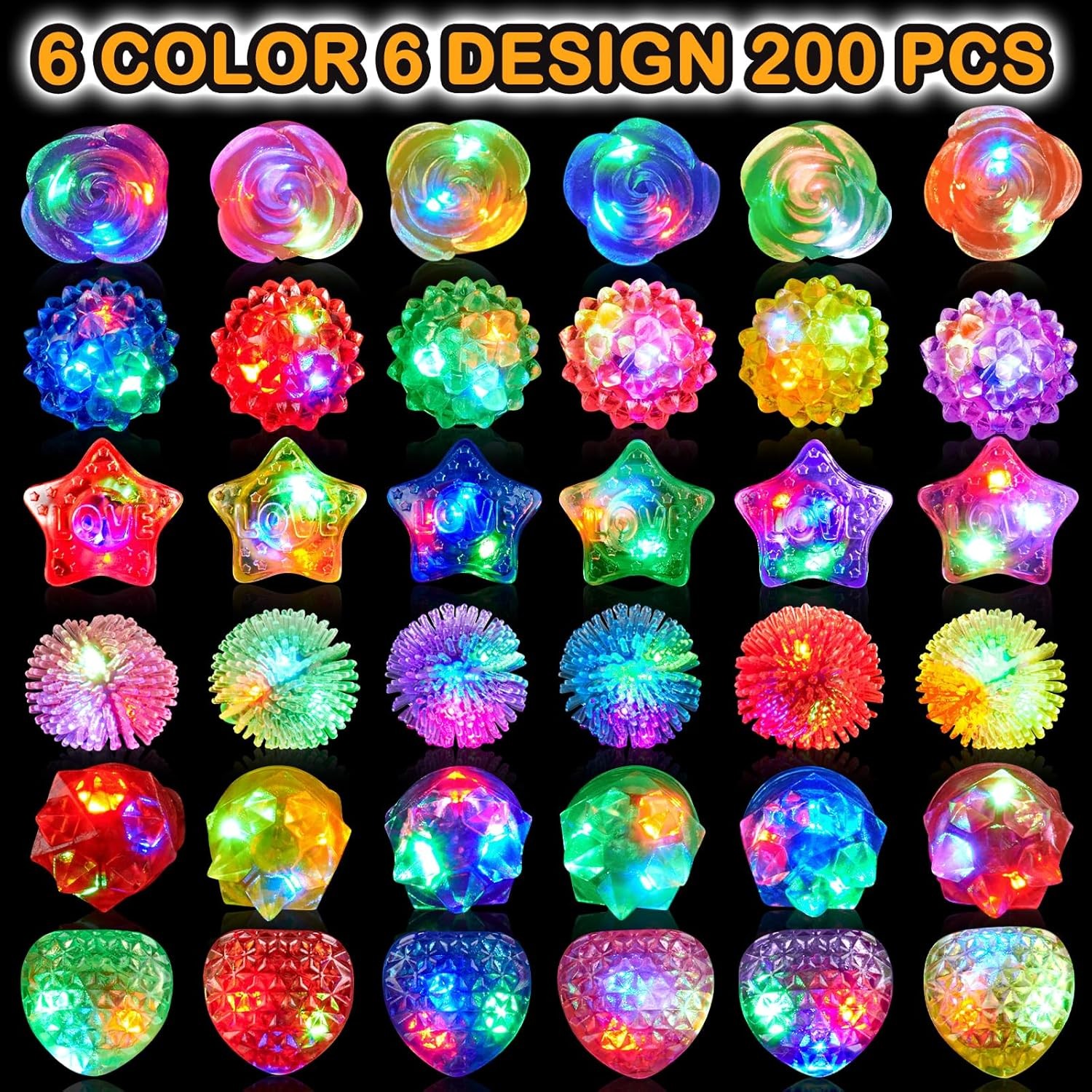 Glow Rings Multicolor Pack of 200 Led Bulk Party Supplies6 Light Kids Adults