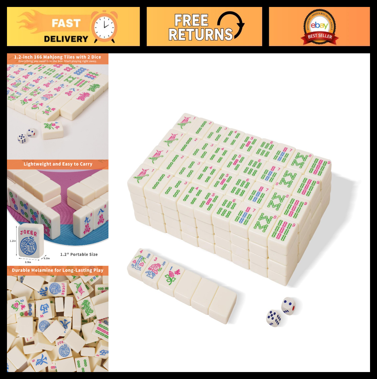 Colorful Mahjong Tile Set with 2 Dice, 166 Engraved Tiles (1.2”) – American Styl