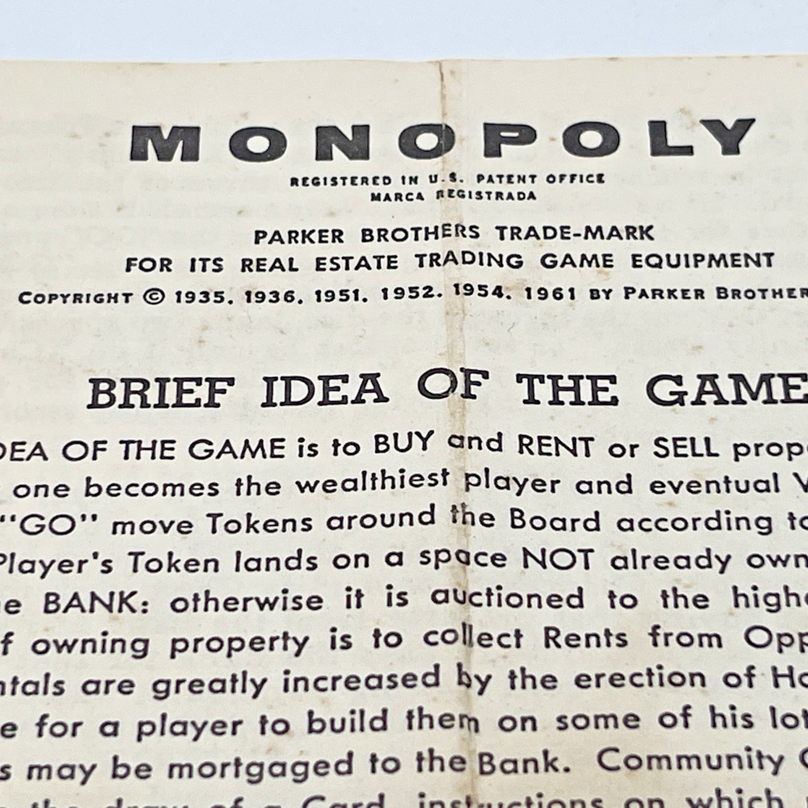 Monopoly Game Instructions Rules Replacement Regular and Short Games 1961