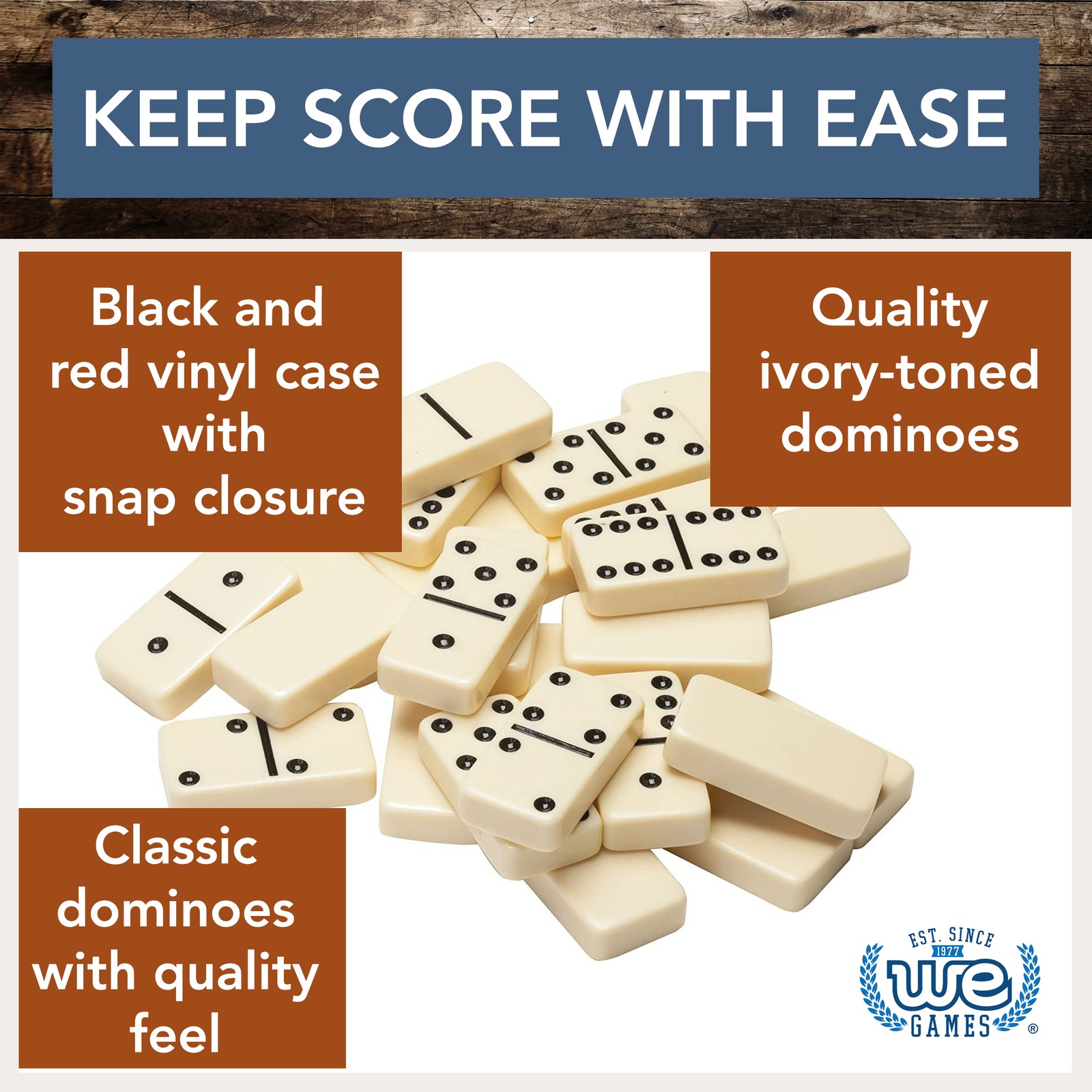 WE Games DOUBLE 6 Dominoes Ivory color tiles with black dots in black vinyl case