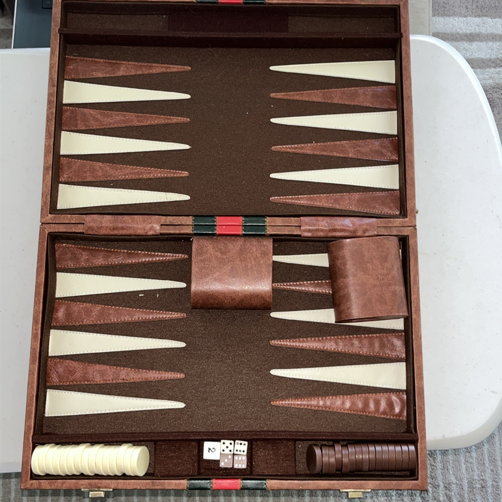 Vintage Backgammon Set Travel Case Leatherette Complete w Dice Cups 1950s 60s