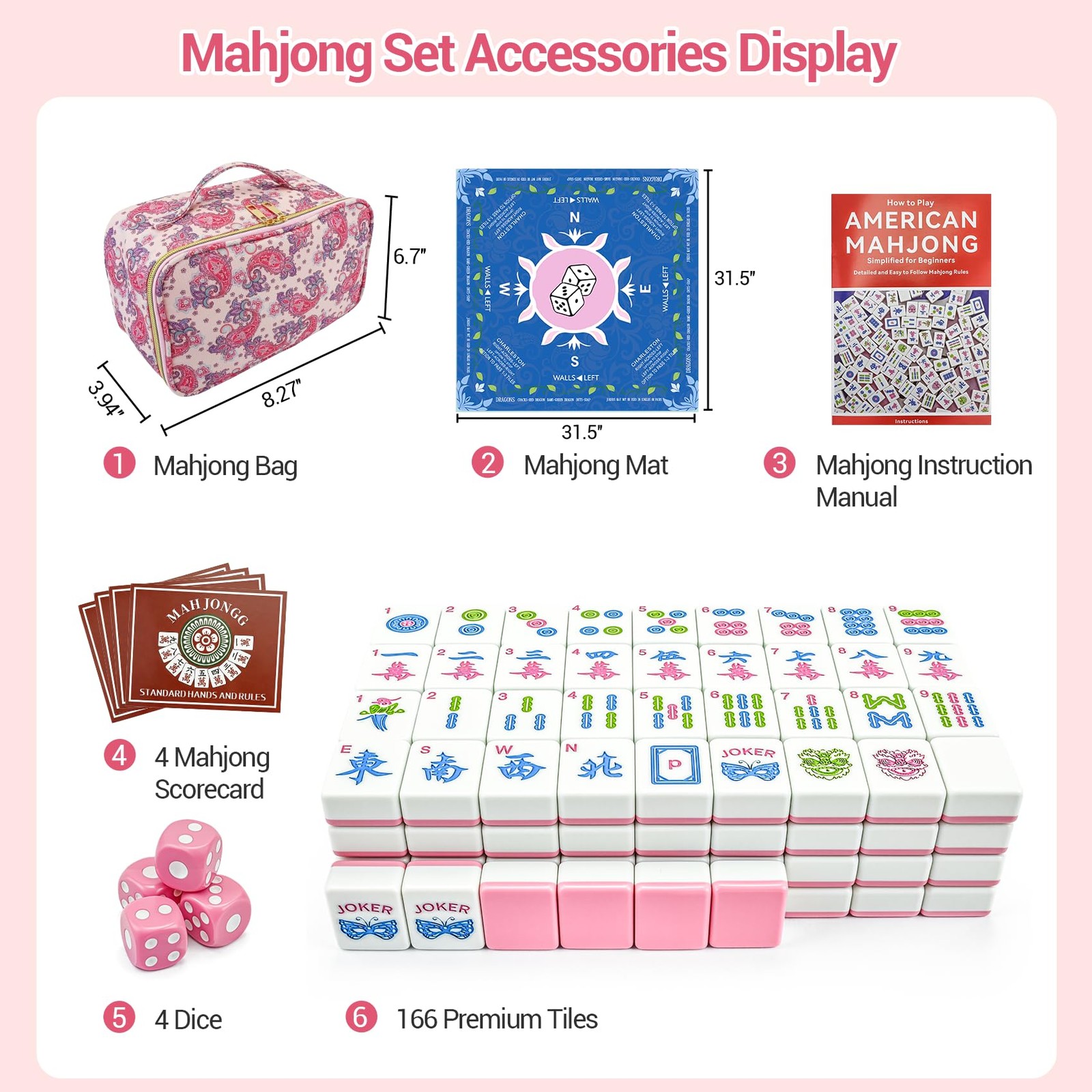 Gartu American Mahjong Tile Set, 166 Pink Tiles (1.2”), Mahjong Tile Set with…