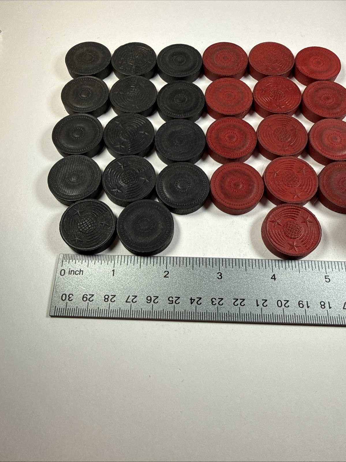 Vintage Wooden Embossed Checkers ~ 14 Black 13 Red ~ Replacement, Decor, Crafts