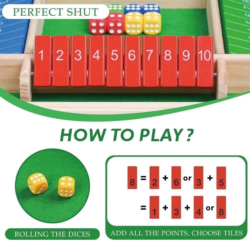 Wooden Dice Board Game Shut The Box for 4 Players Flaps & Dices Game Parent-chi*