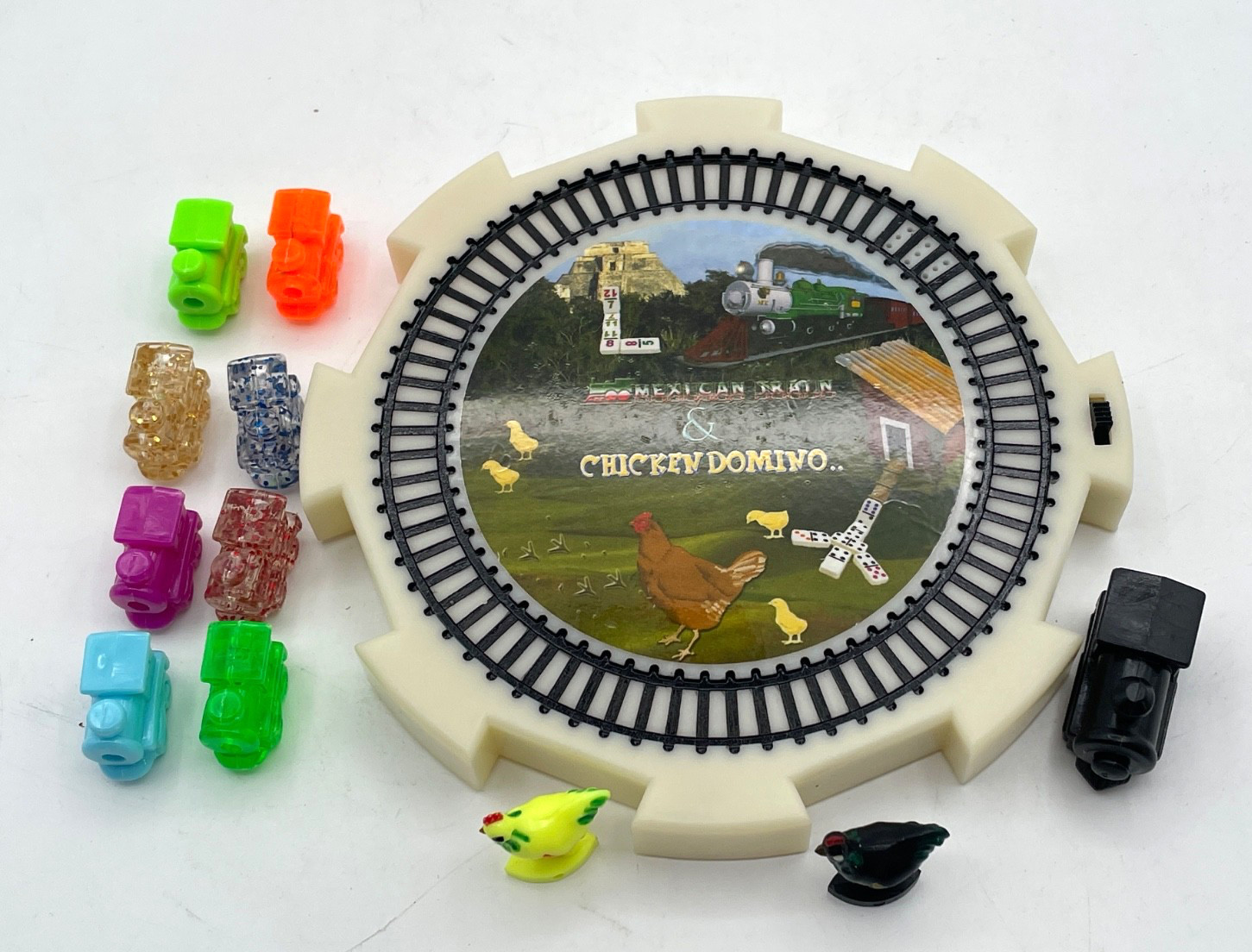 2 in 1 Dominoes Center Hub Starter Piece Chicken Domino & Mexican Train w/ Sound