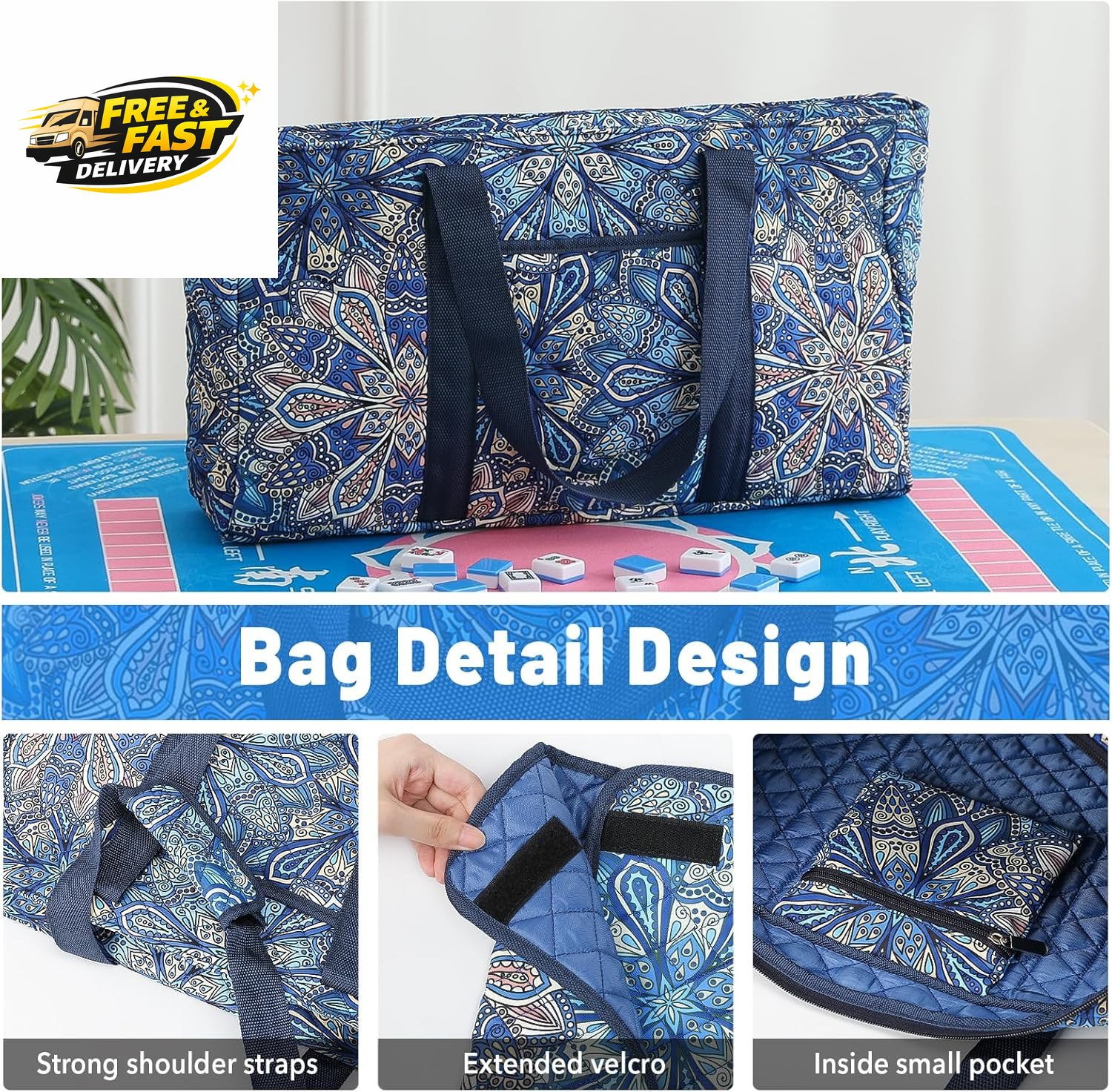 American Mahjong Tile Set with Blue Printed Carrying Bag, 166 Premium Tiles, 4 A