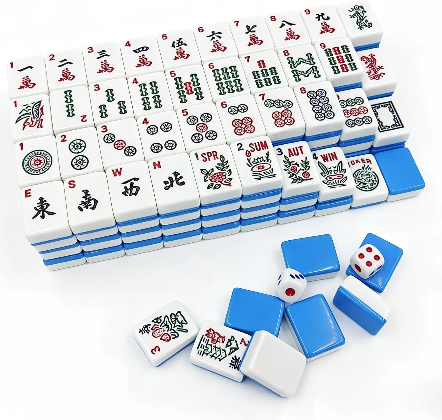 American Mahjong Tile Set, 166 Blue Tiles with Two Dices, Mahjong Tile Game