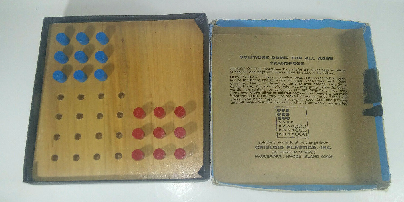 Vintage Transpose Solitaire Peg Puzzle No. 113 Crisloid Plastics Inc USA Wooden