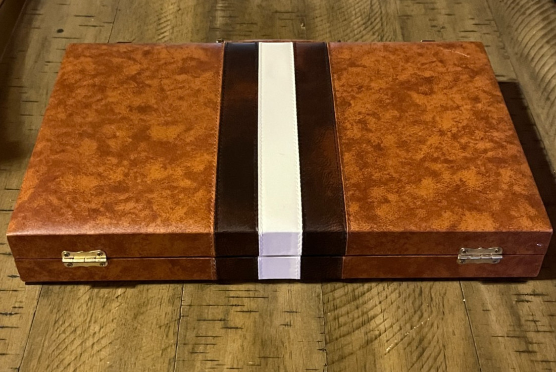 Vintage Backgammon Game in Case Set 15×19″ Complete Brown Tan White
