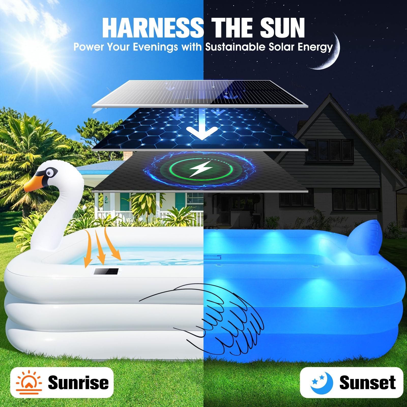 Inflatable Swimming Pool 100 x63 x20 Solar Lights Adults Kids White Blow Pools