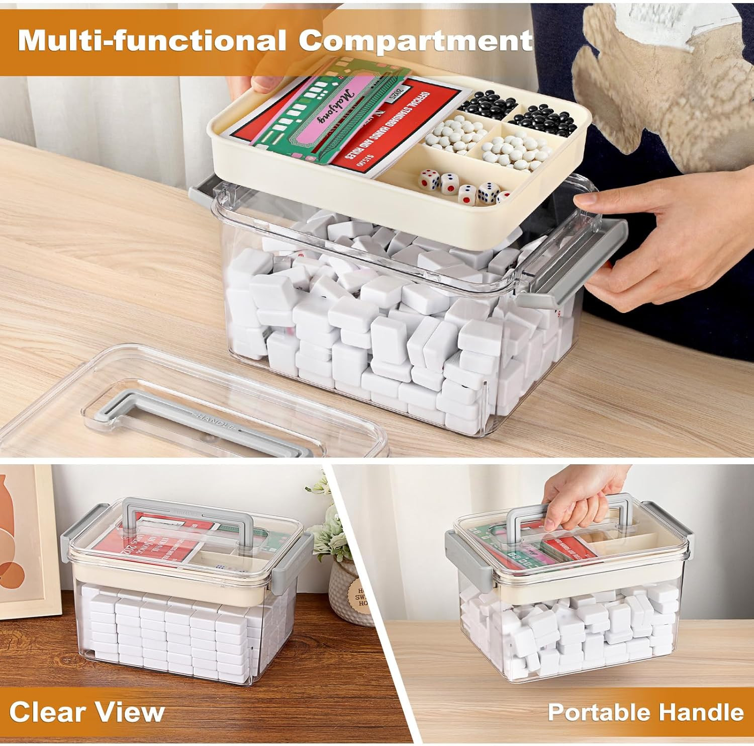Empty Mahjong Tile Storage Box with Removable Tray, Holds 160-200 Tiles