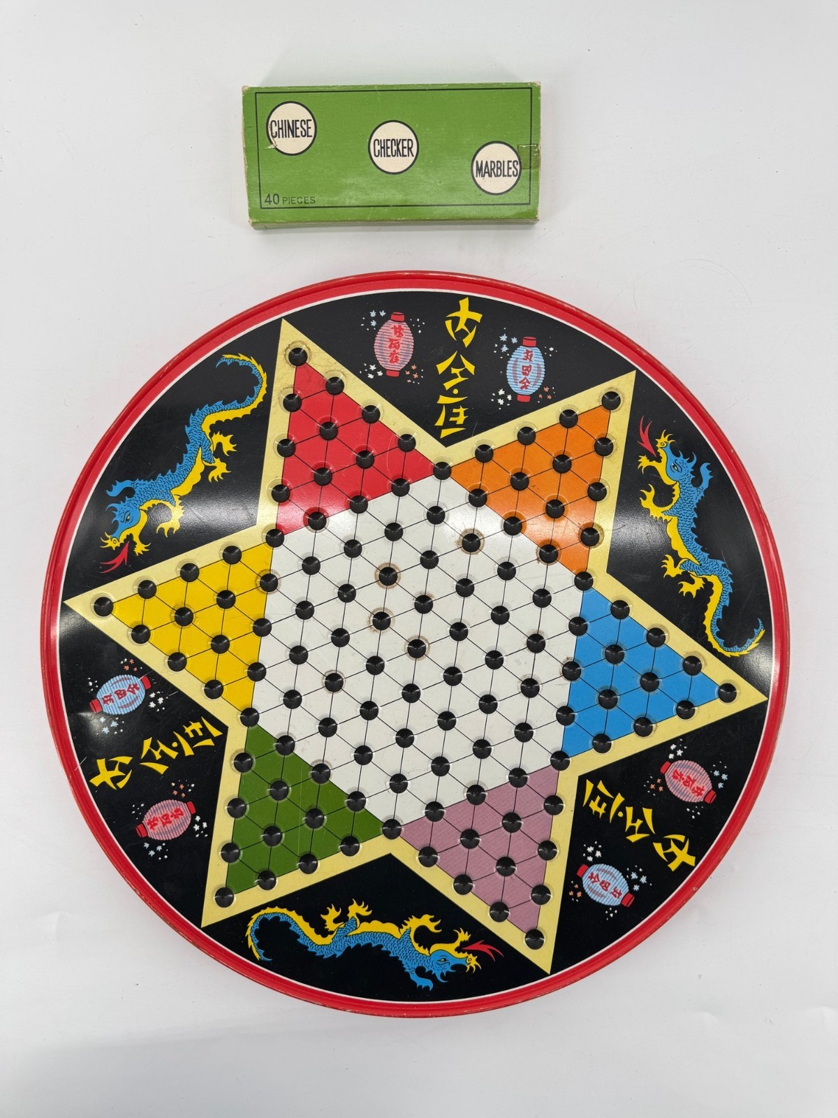 OHIO ART VINTAGE CHINESE CHECKERS LITHO TIN METAL DRAGON GAME – 34 MARBLES