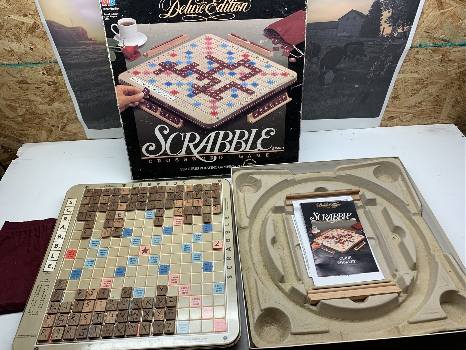Scrabble Deluxe Edition Crossword Board Game Rotating Table- Incomplete Handmade