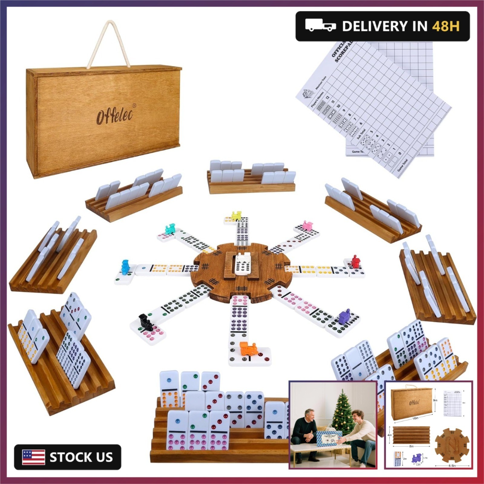 Mexican Train Dominoes Set with 8 Holders, Double 12 Dominos Set for Adults, Mex