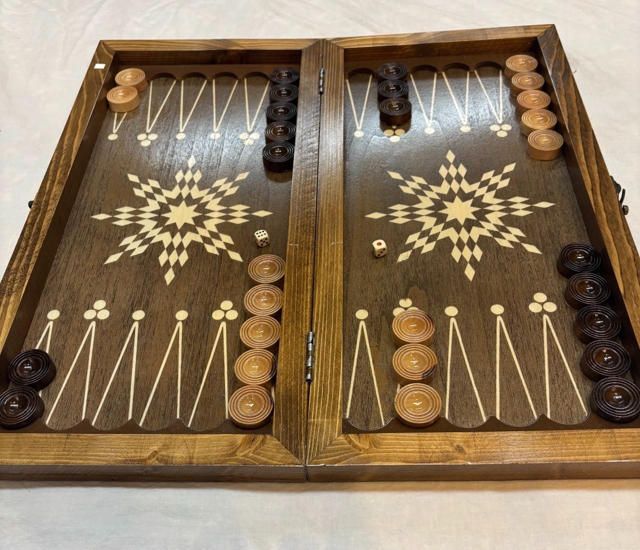 Handmade Wooden Backgammon Set Inlaid Marquetry Folding Board with Fabric Bag
