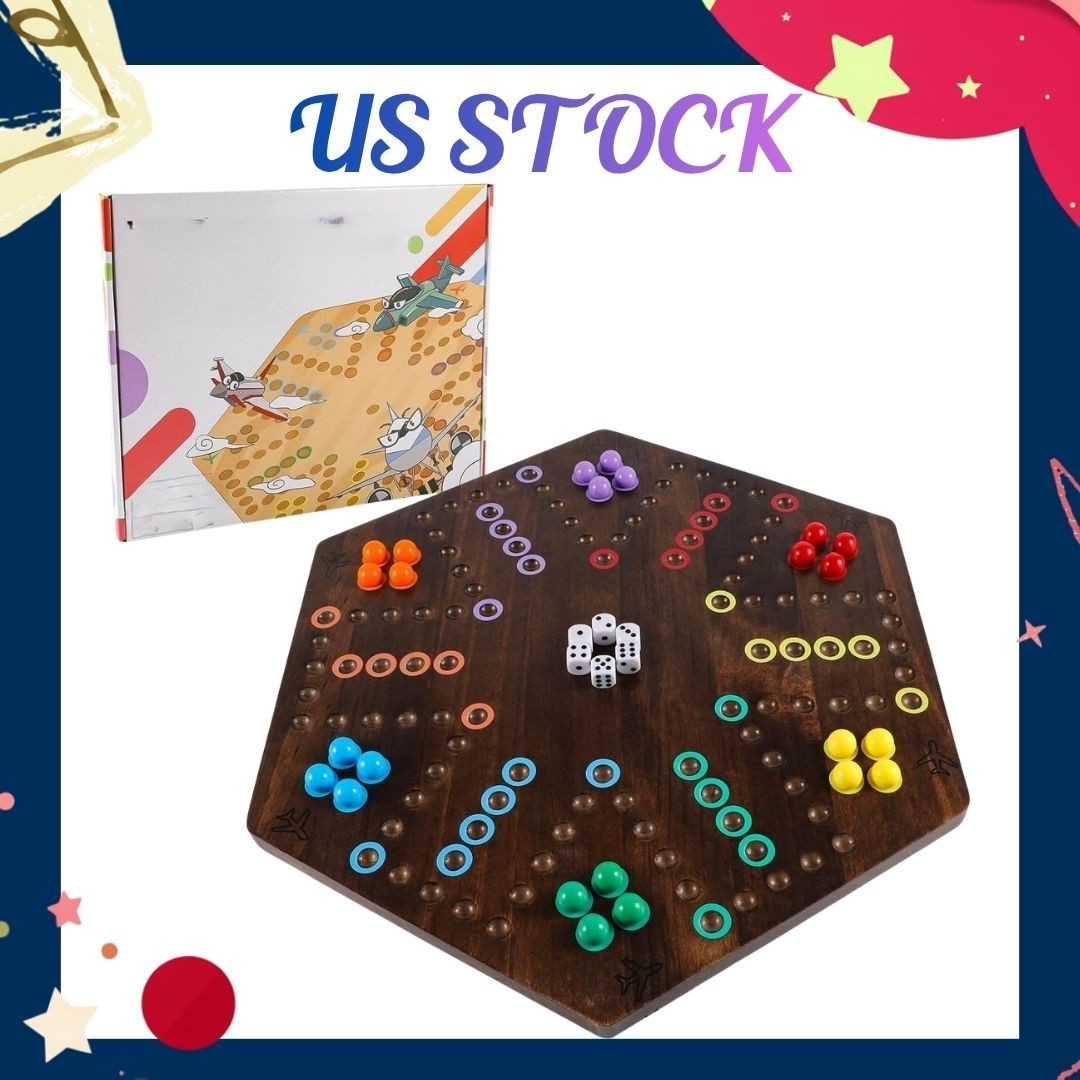 NEW 20in Wood Wahoo Marble Board Game 2 Sided 4-6 Player Rustic Brown 6Dice