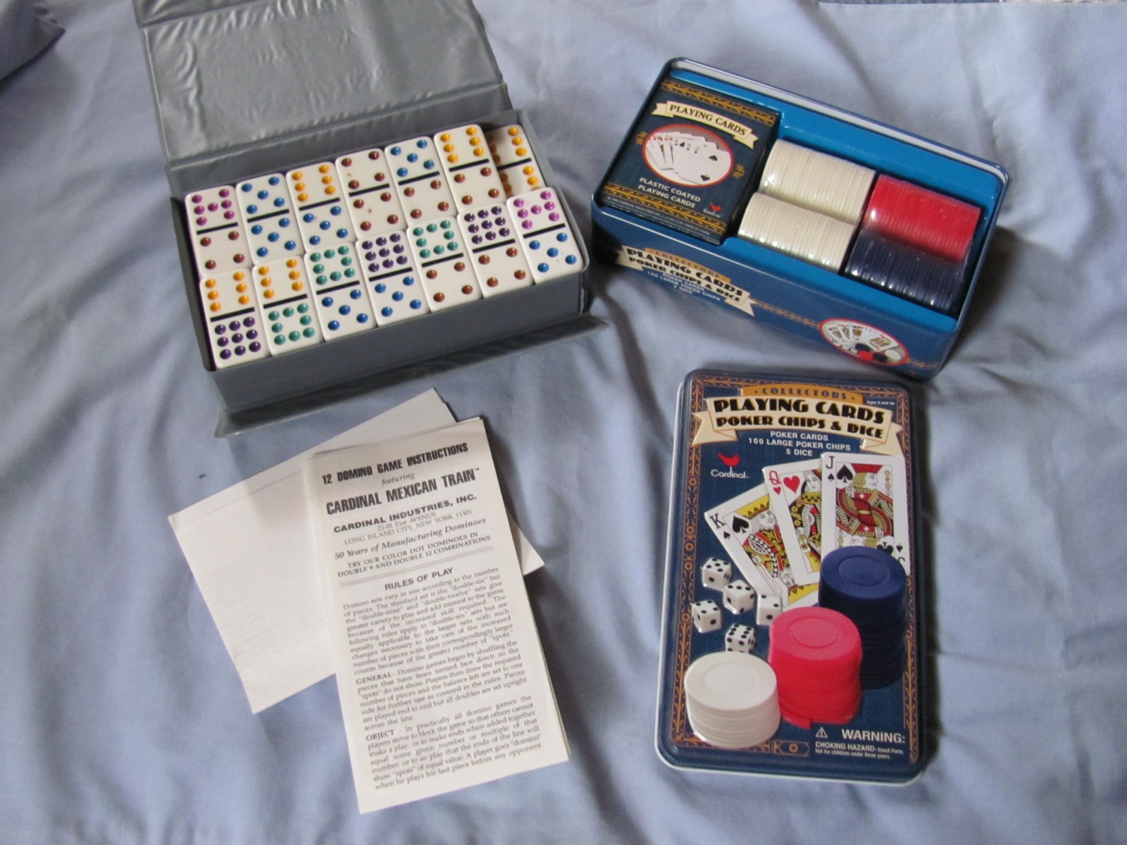 Combo -Pavilion Double 9 Dominoes & Cardinal Playing Cards/ Poker Chips/Dice Set
