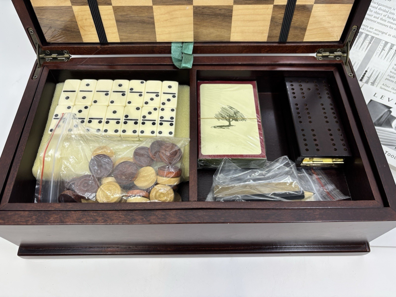 Levenger Wood Game Treasure Chest Chess Checkers Dominoes Cribbage Poker Dice