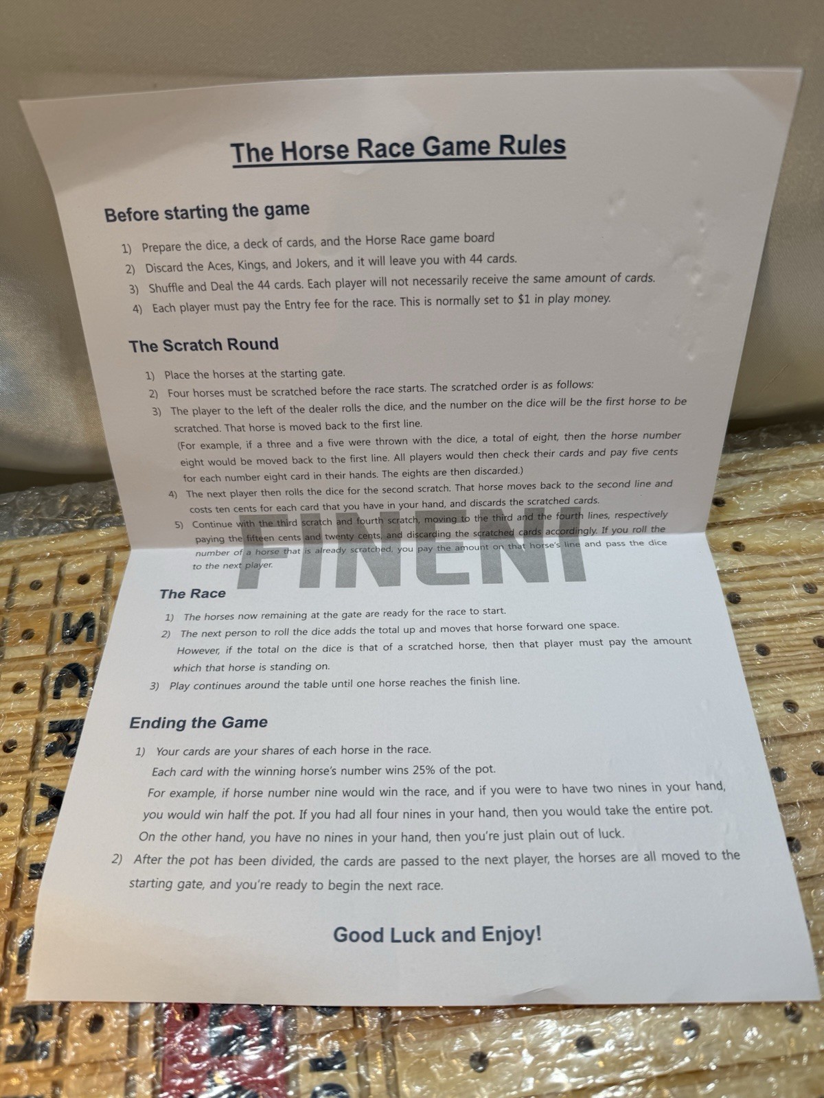 FINENI Wooden Horse Racing Game HEAVY Metal Play Pieces/Board NEW