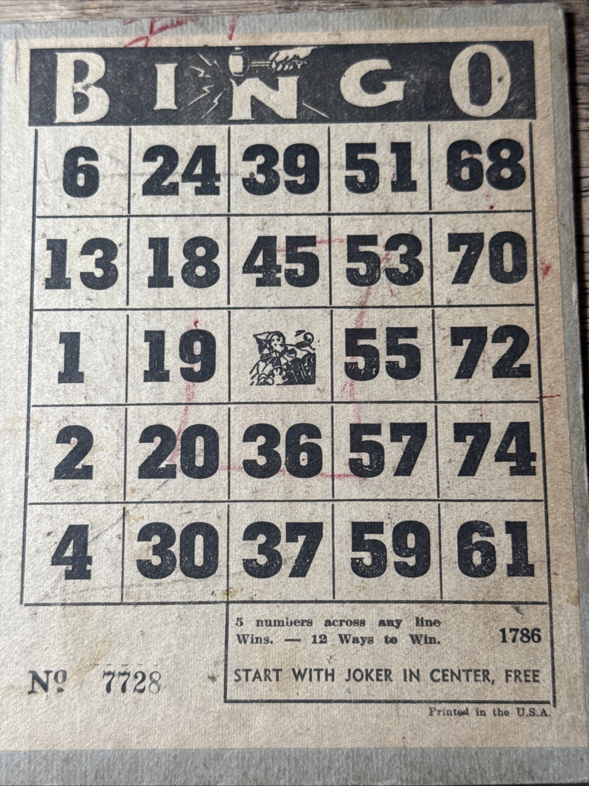 1930s Lg heavy Double BINGO Card Vtg Joker Center USA 12 Ways to Win