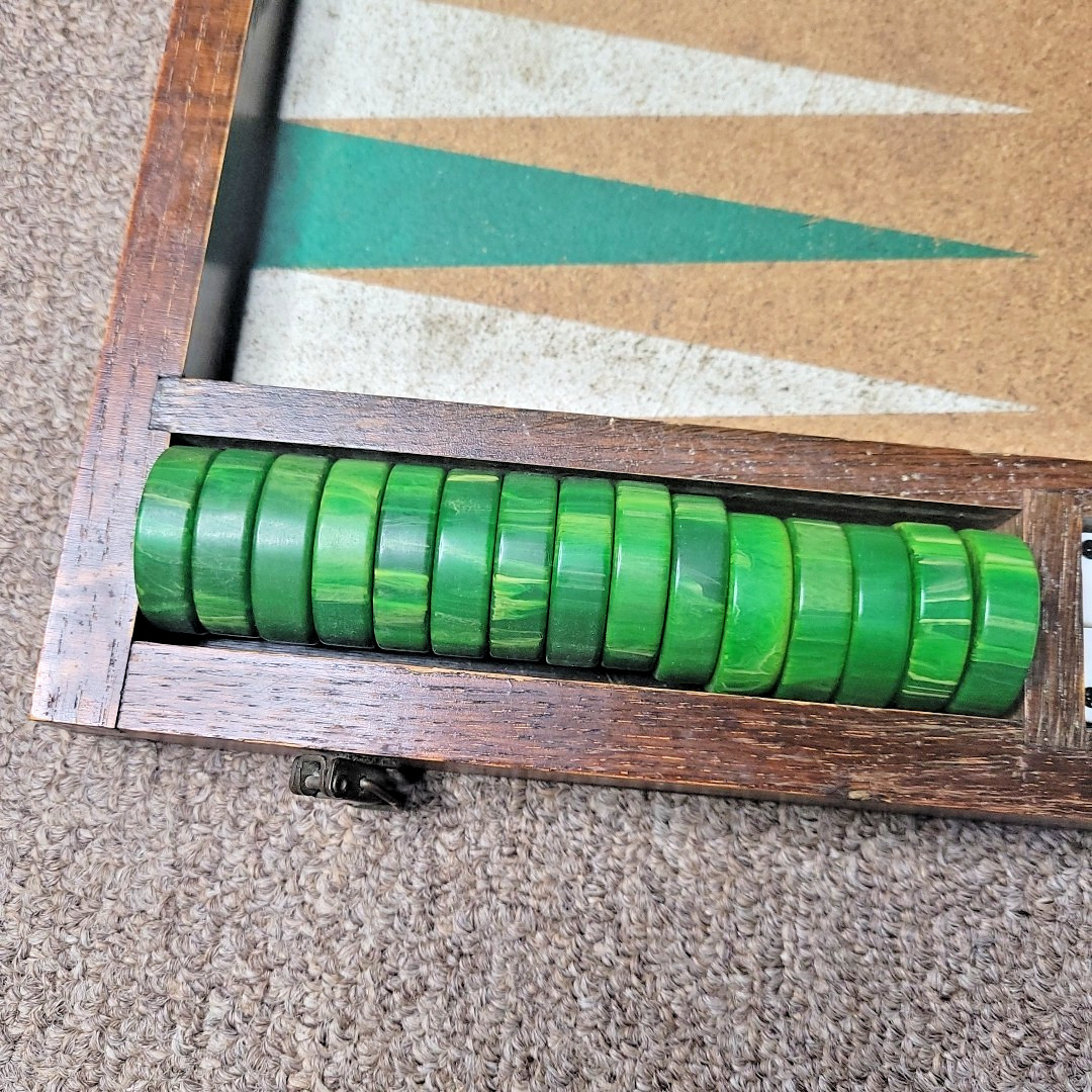 Vintage Backgammon Set-cork Board Green/white Points Marbled Chips Wood Case.