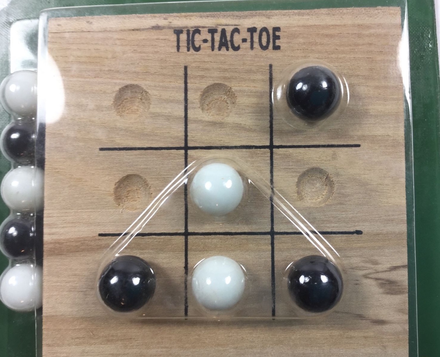 Tic Tac Toe Small Travel Size Game Solid Wood 10 Glass Marbles 4 x4 Inch ~ NEW