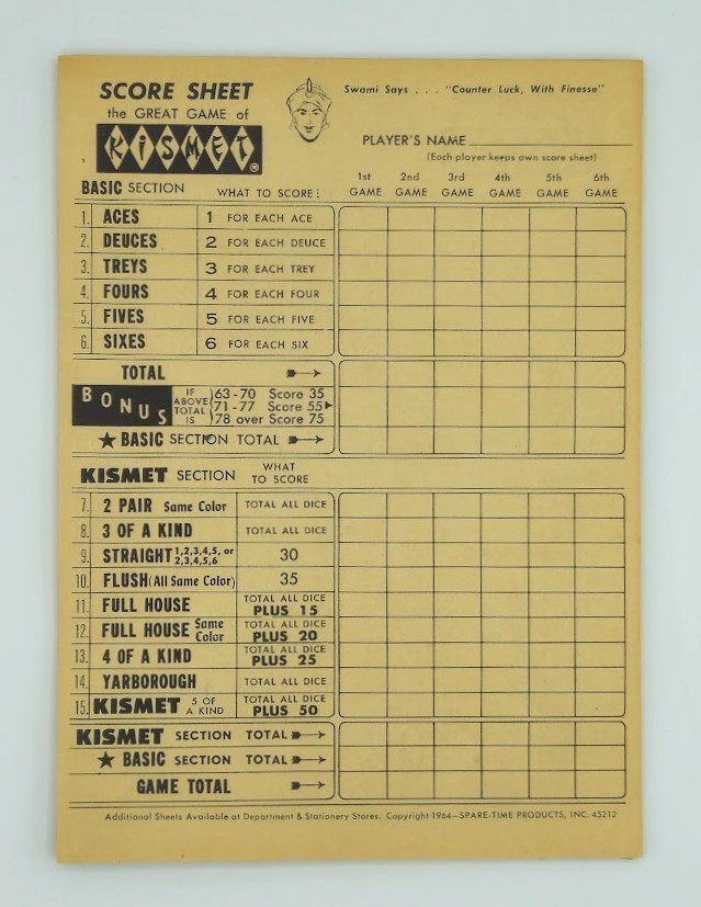 Vintage Kismet Replacement Score Pad 20 Pages Left, Spare-Time Products 1964