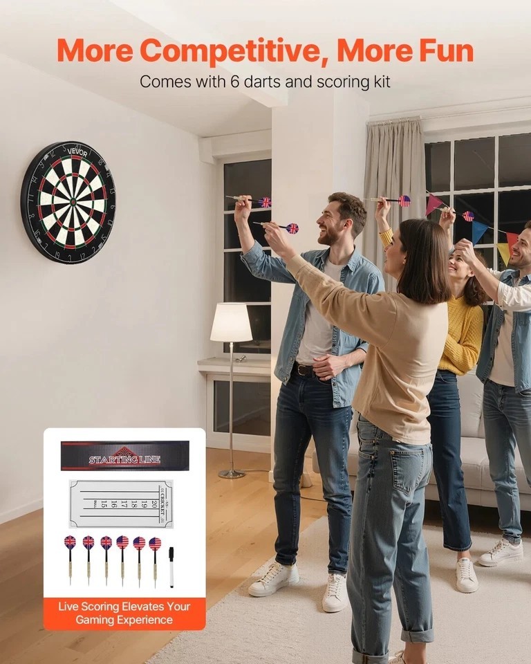Dartboard with 6 Darts & Scoring Kit, Self-Healing Sisal Fibers Dartboard