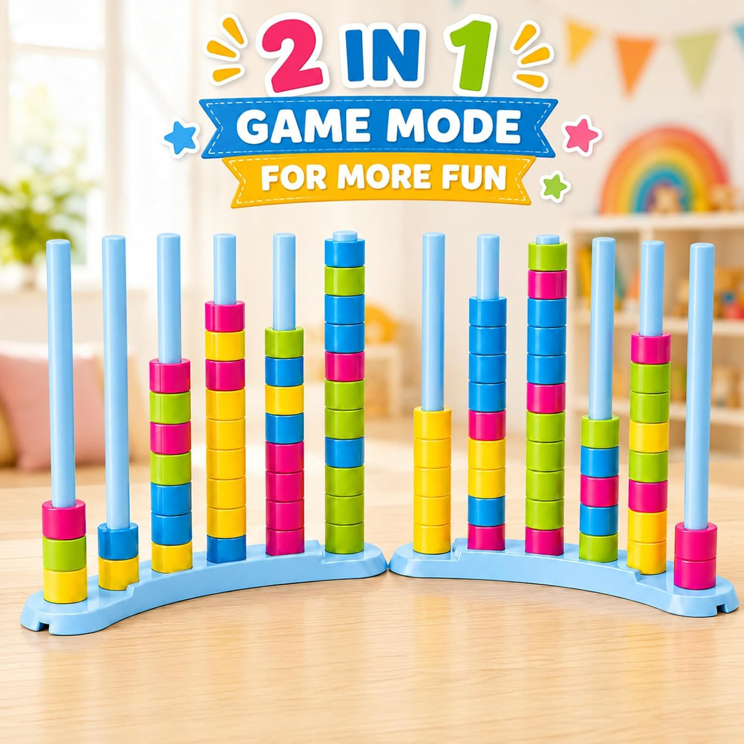 2 Pack Color Stack Challenge Game – Stacking Board Game Set with 2-4 Players Kid