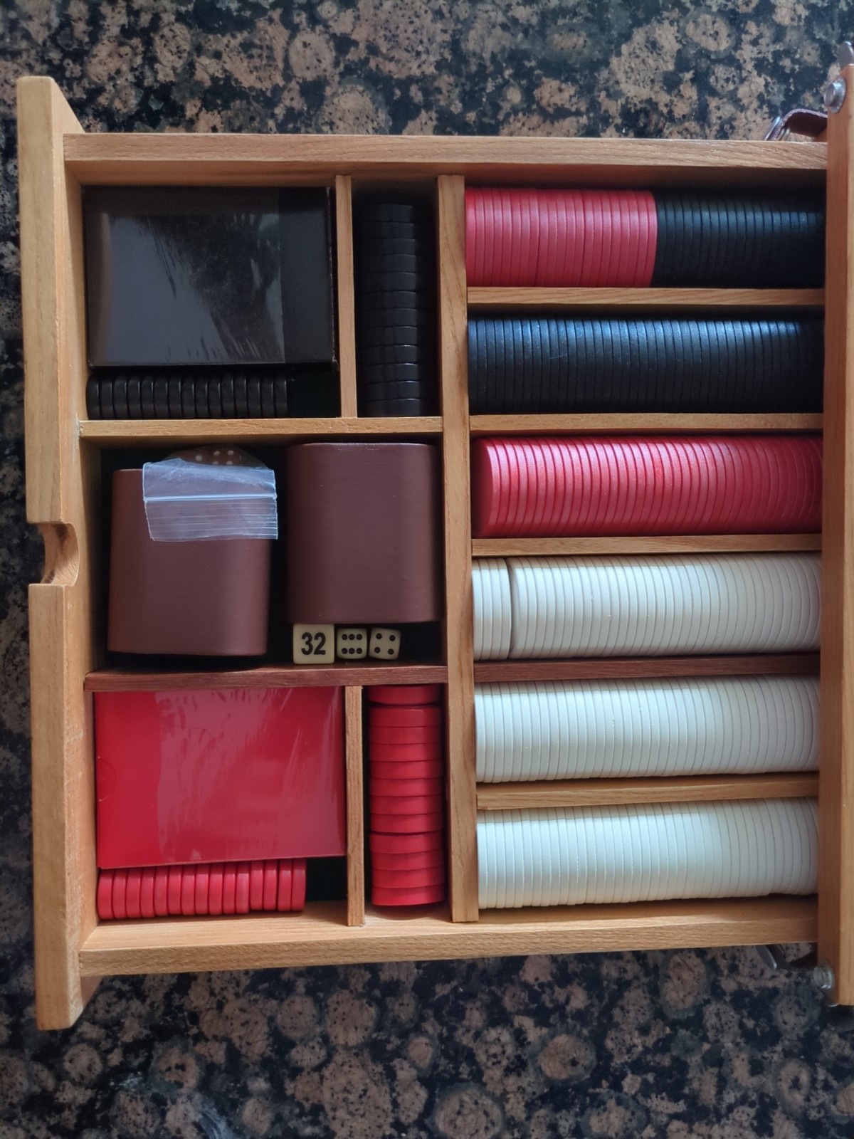 Wood Flip Game Board Set, Checkers, Backgammon, Dice, Poker Chips Cards Dice